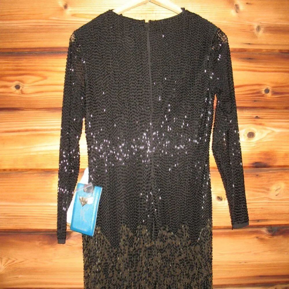 MAC DUGGAL Black Gold Size 4 Long Sleeve Beaded Fringe Evening Gown Maxi Dress - Picture 12 of 14